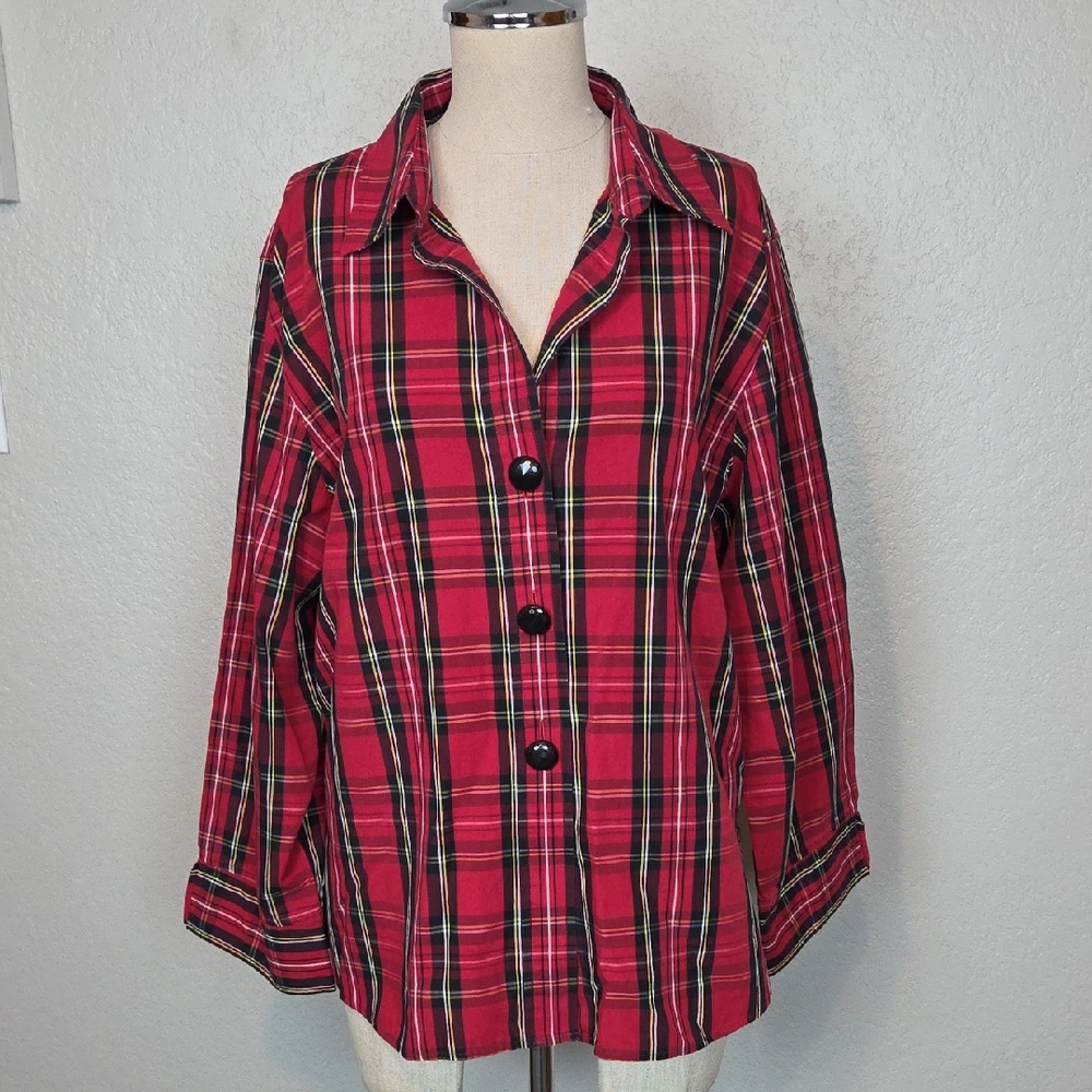 Foxcroft Red Plaid Button-Down Blouse Size 18